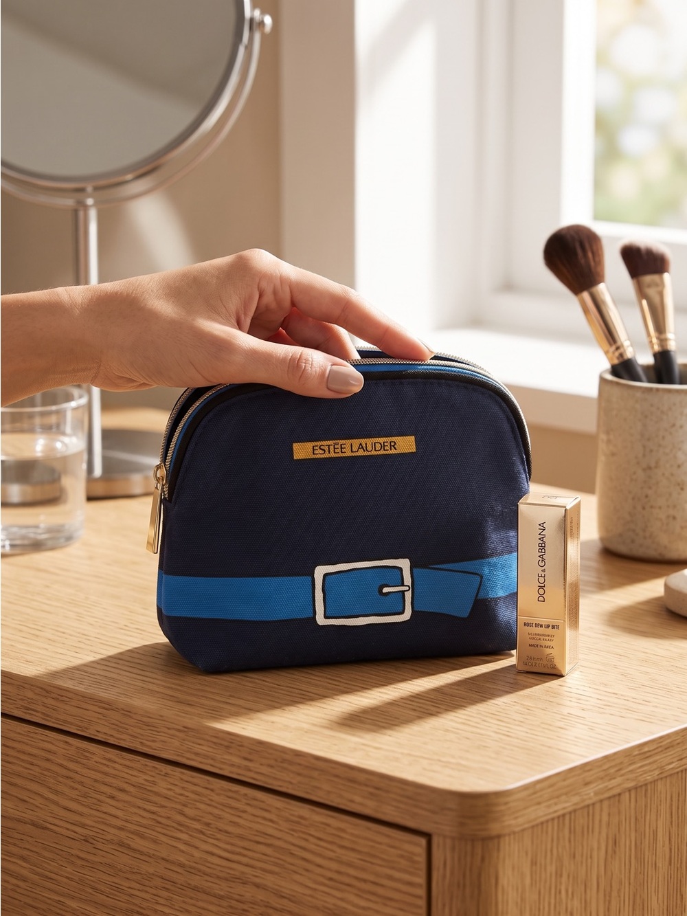 Estée Lauder Navy Belt Cosmetic Bag & NIB Mini D&G Lip Tint Set